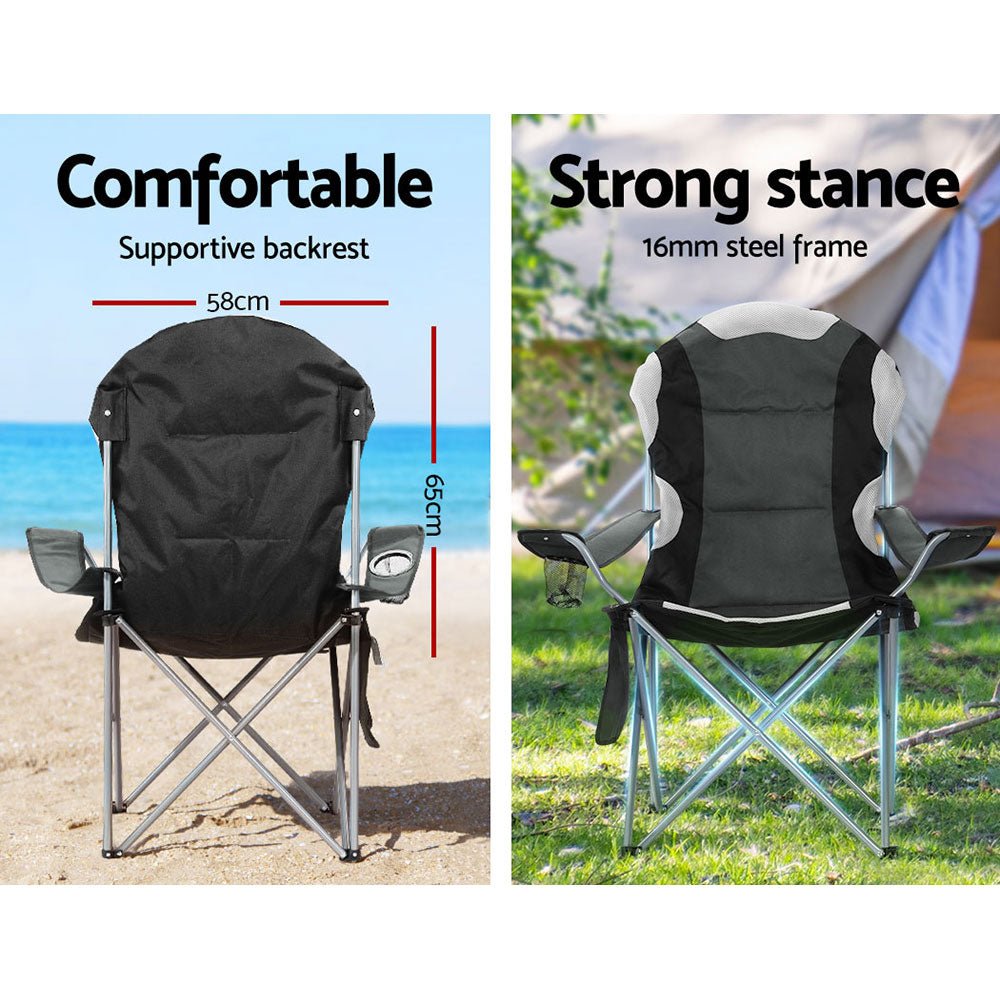 2X Folding Camping Chairs Arm Chair Portable Outdoor Beach Fishing BBQ - Leisure Outdoors