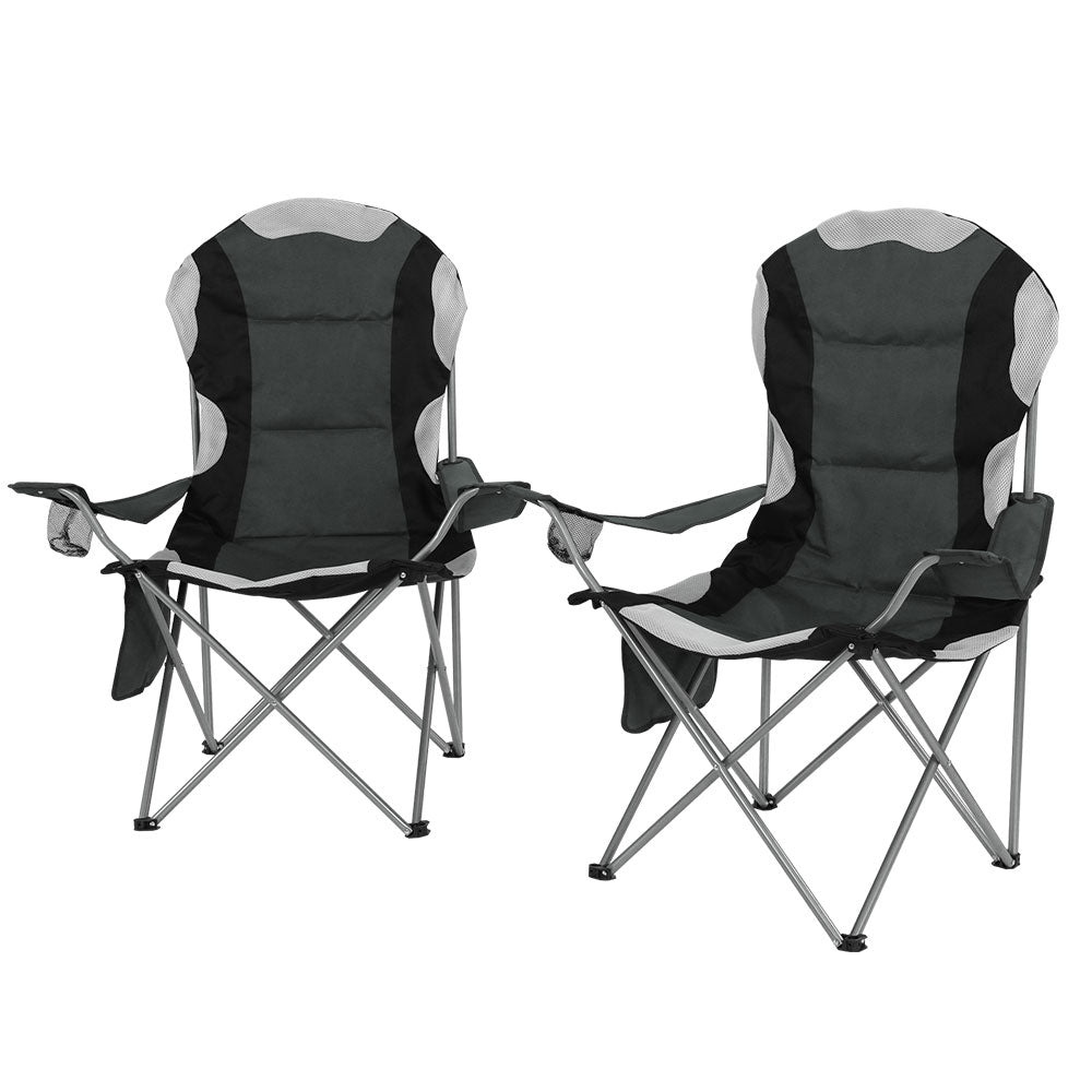 2X Folding Camping Chairs Arm Chair Portable Outdoor Beach Fishing BBQ - Leisure Outdoors