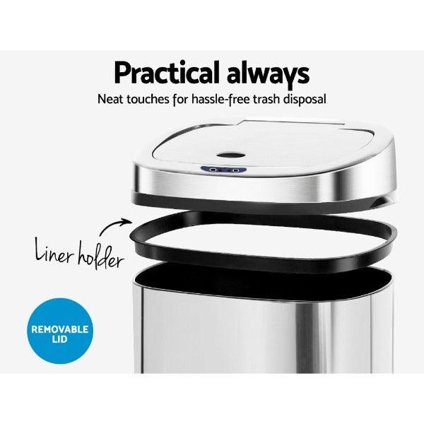 Automatic Motion Sensor Rubbish Bin 50L - Stainless Steel - Leisure Outdoors