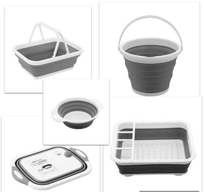 Camping / Caravan Collapsible Silicone 5 Piece set - Dish Drainer - Bucket - Cutting Board - Basket - Strainer - Leisure Outdoors