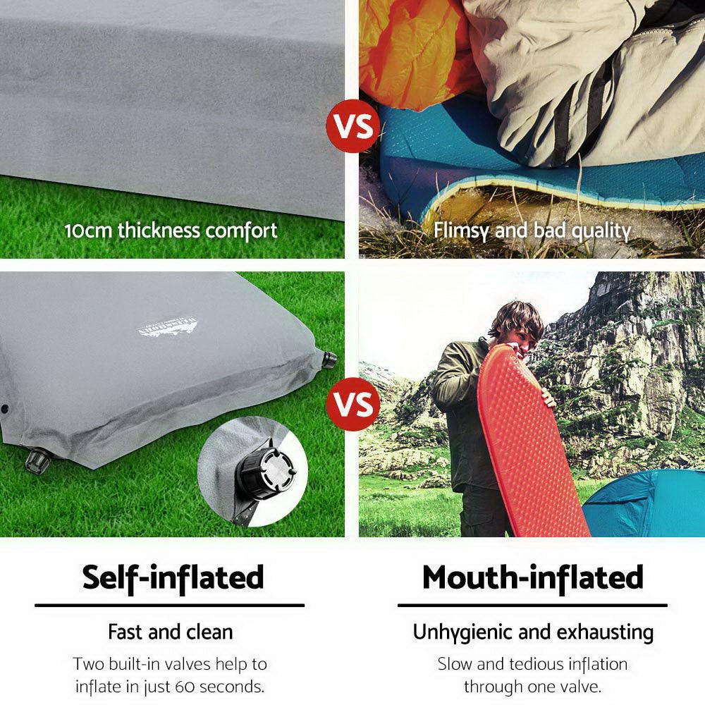 Camping Self Inflating Air Bed Mattress Mat Double 10CM Thick - Grey - Leisure Outdoors