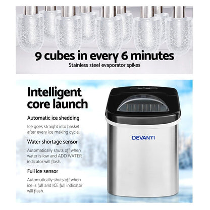 Devanti 2.4L Stainless Steel Portable Ice Cube Maker - Leisure Outdoors