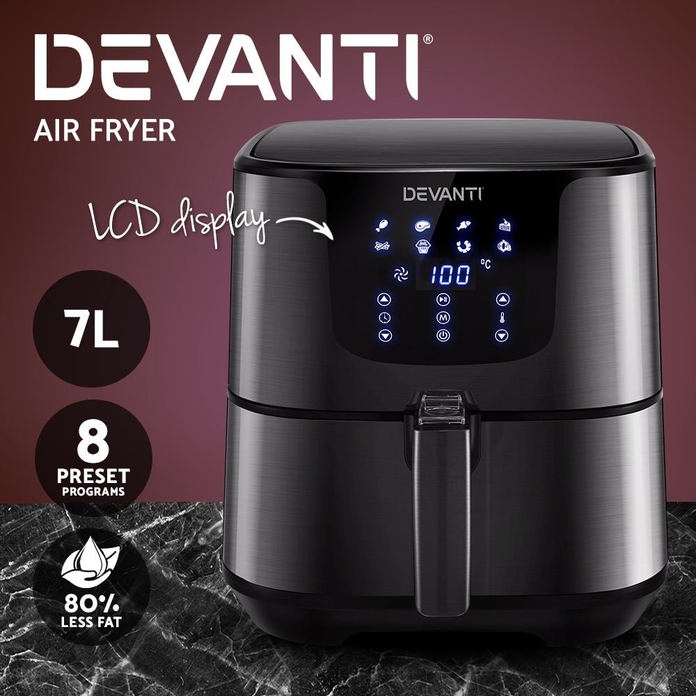 Devanti Air Fryer 7L LCD Fryers Oven Airfryer Kitchen Healthy Cooker Stainless Steel - Leisure Outdoors