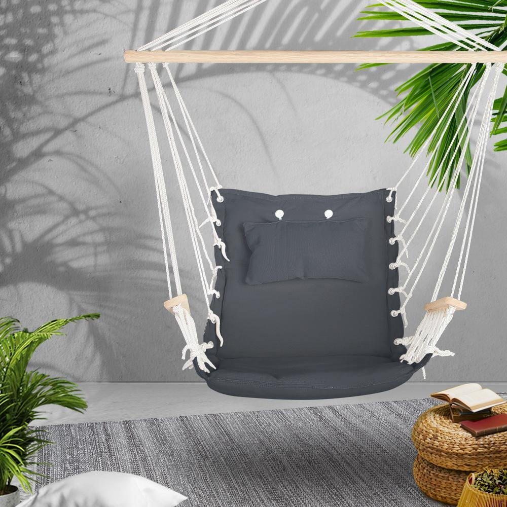 Hammock Hanging Swing Chair With Wooden Armrests And Cushions - Portable - Grey - Leisure Outdoors