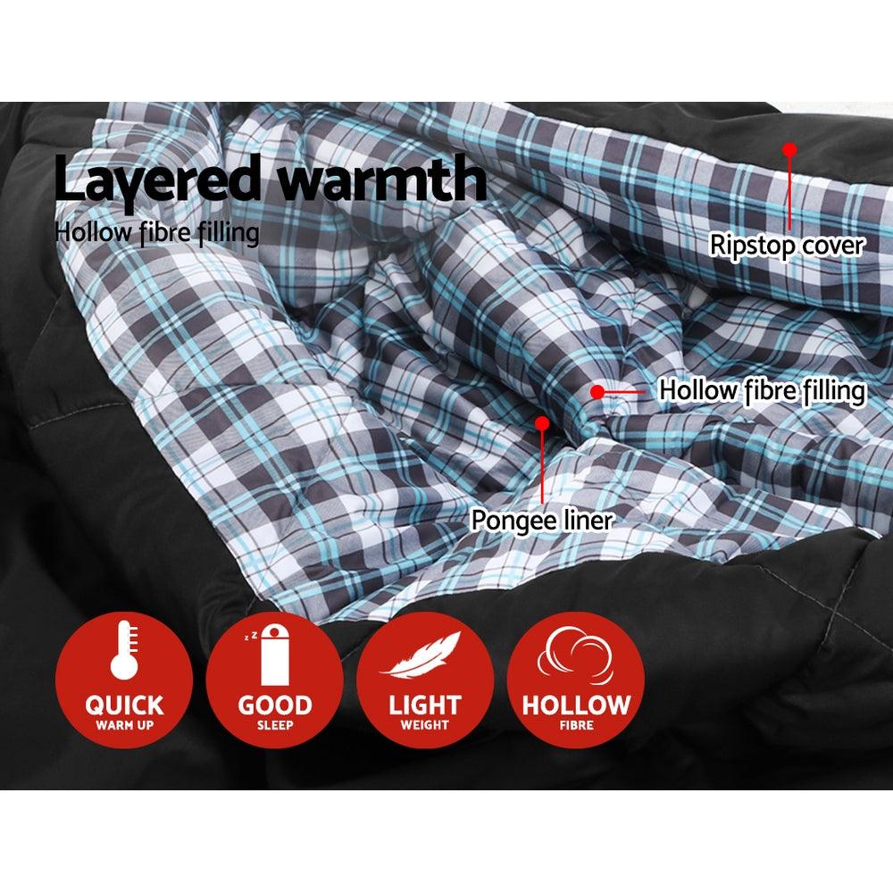 Sleeping Bag Double Camping Hiking -10°C to 15°C - Grey - Leisure Outdoors